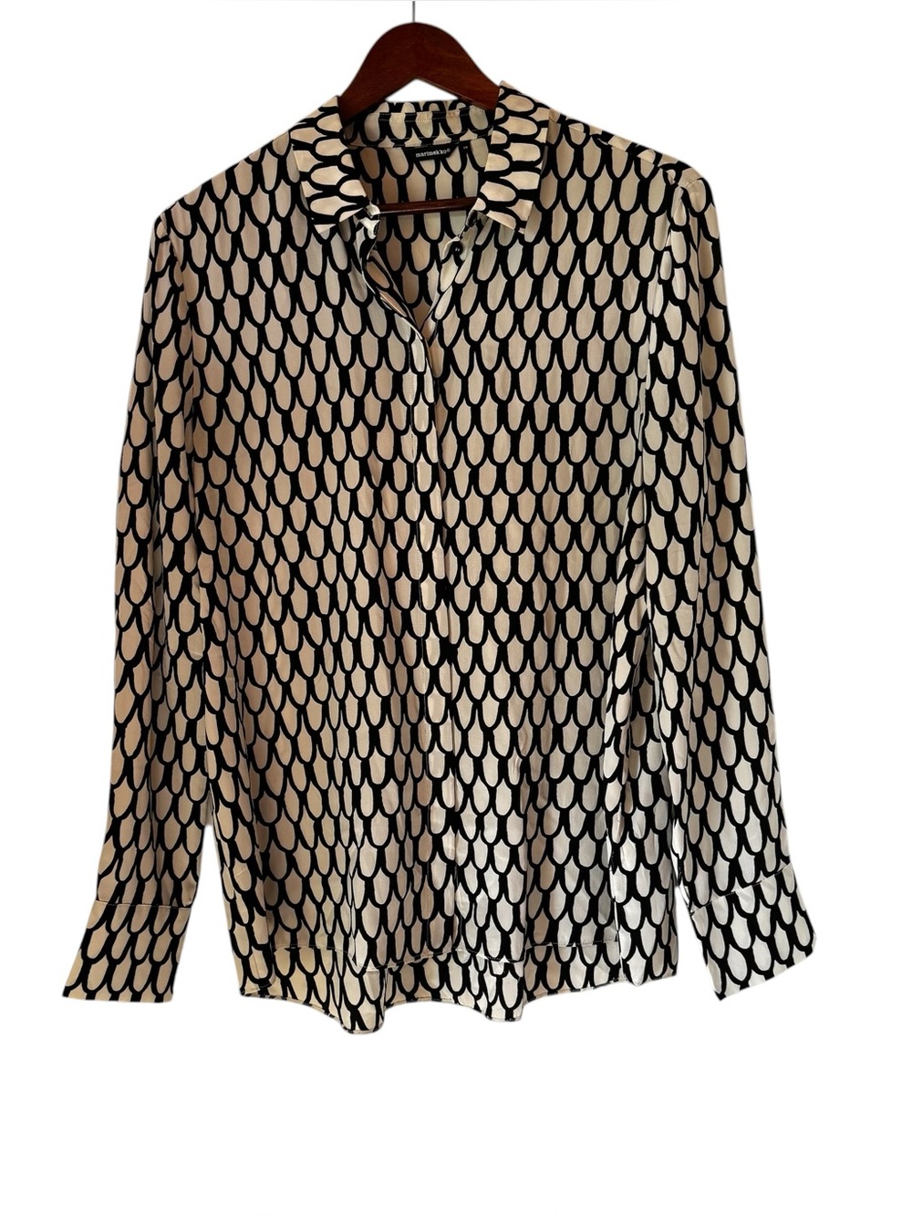 Marimekko NAMA 100% Silk Black White Print Button Down Blouse Size 40
